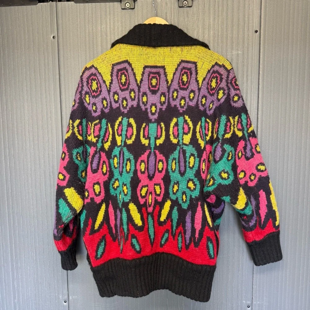 VTG IB DIFFUSION Sweater Cardigan Colorful Pattern Oversized Collar Lapel XS